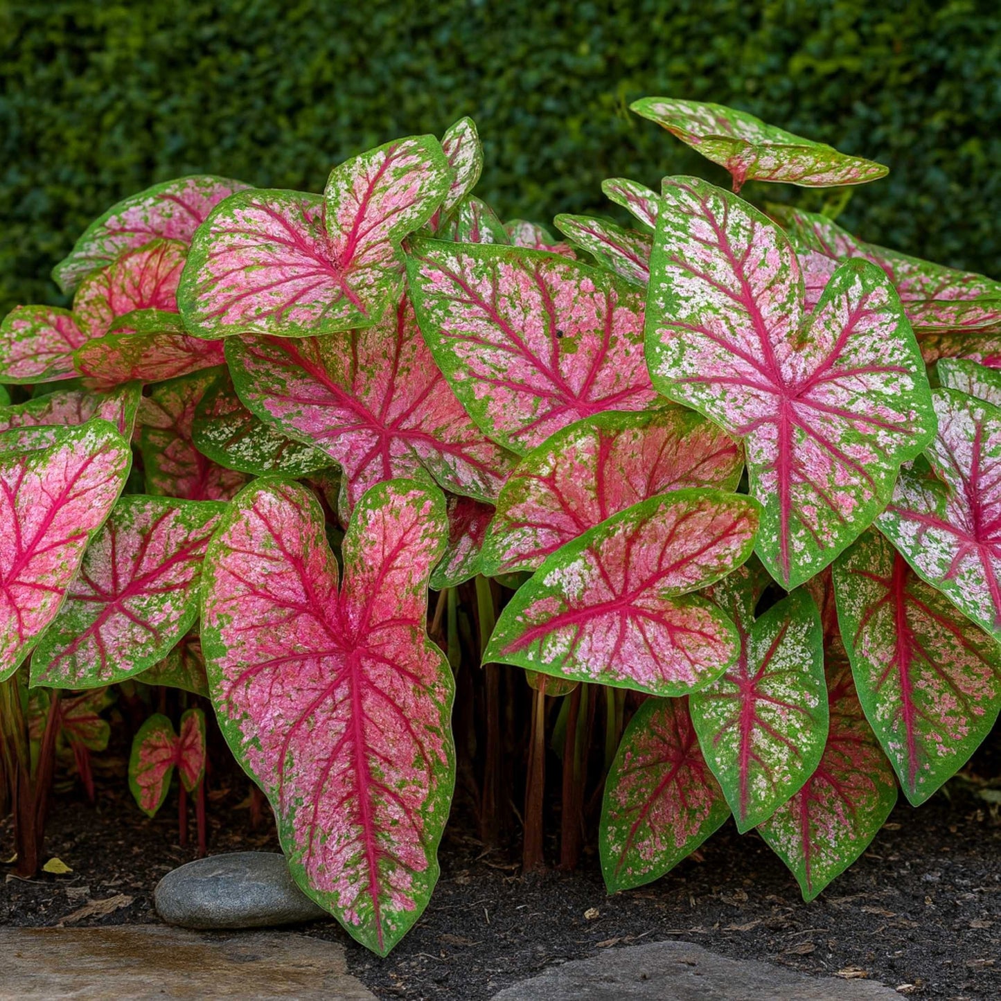Celebration Caladium features thick crimson red veining and white or pink markings with a green margin