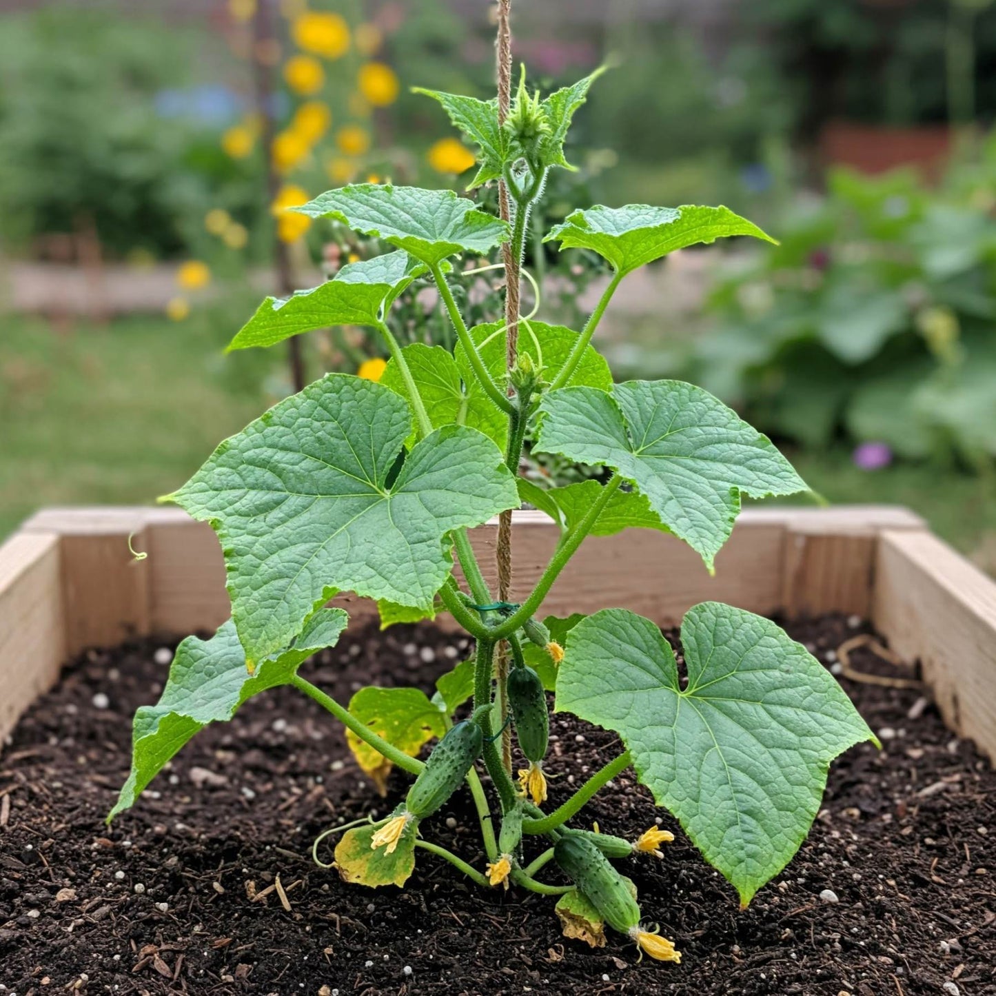 Cucumber plant growing in a raised garden bed