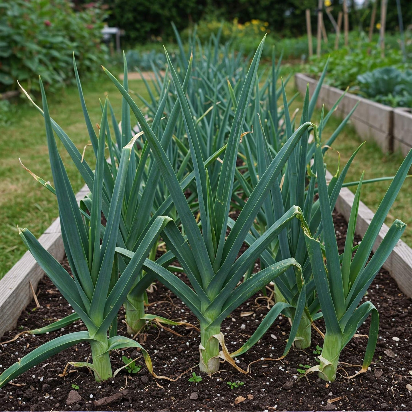Leeks growing in a raised garden bed
