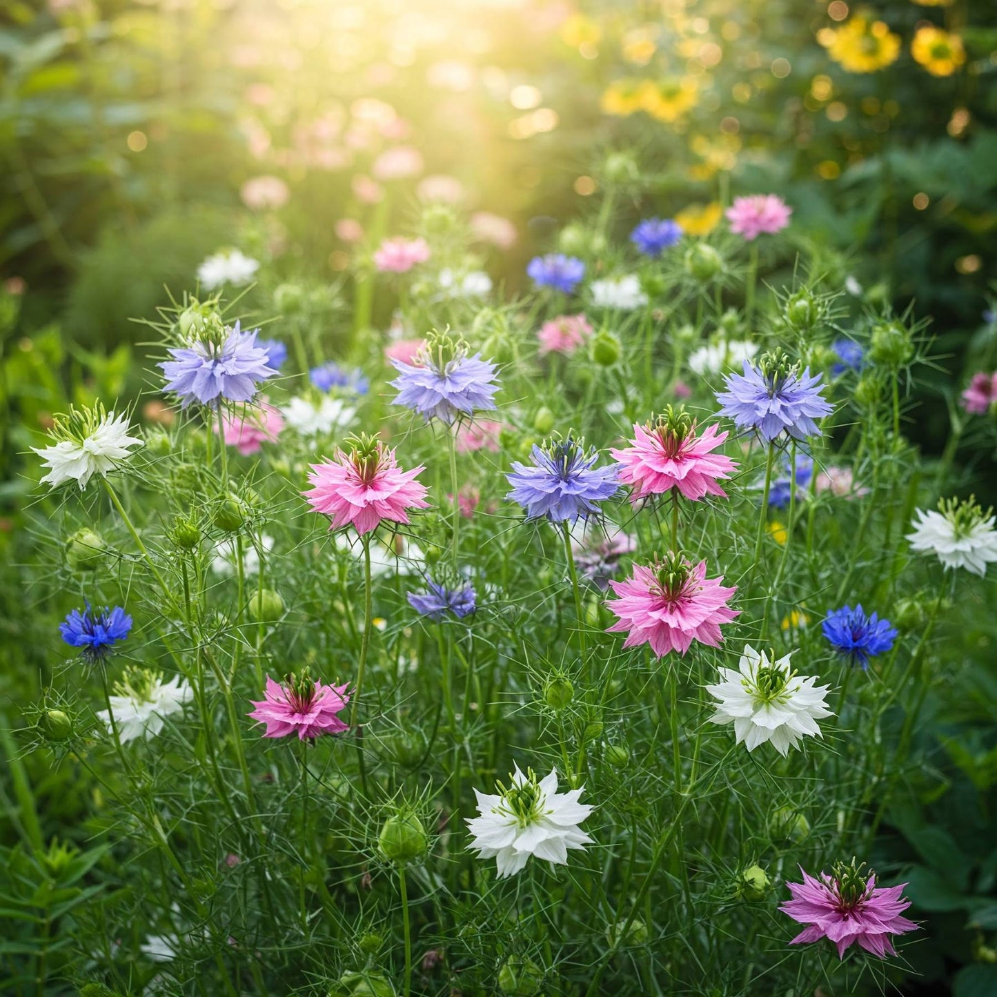 Nigella mix of blue, pink and white flowers in a garden