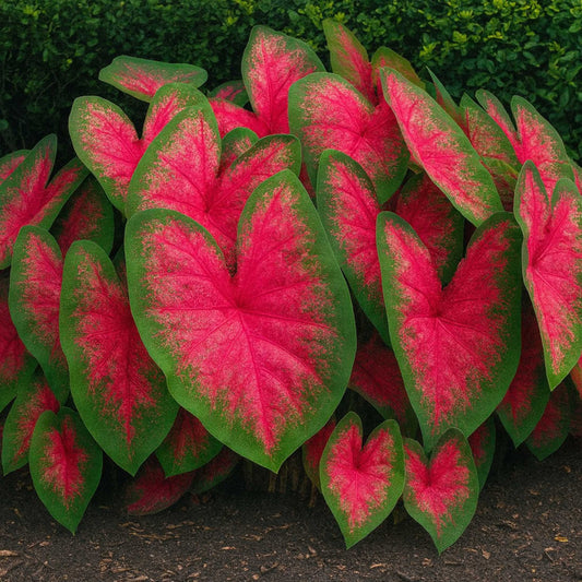 Caladium Cardinal leaves feature green margins surrounding bright red centers