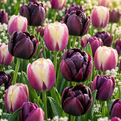 Close Up Picture of Dark Burgundy and Purple Tulips in a Garden