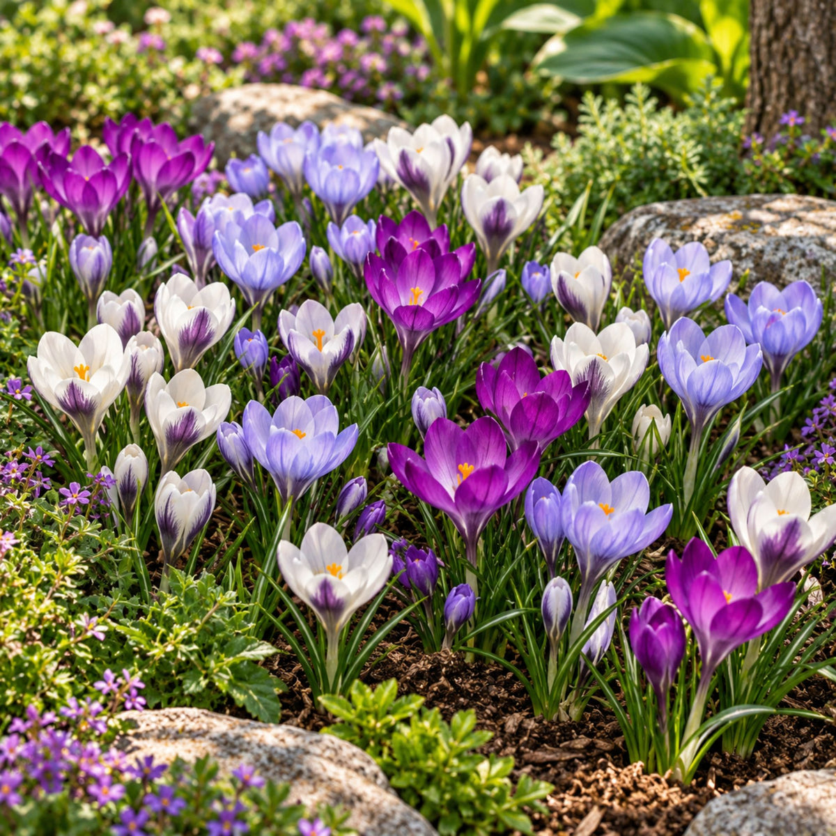 Pink, Blue, Purple-White Crocus Blooms in a Garden