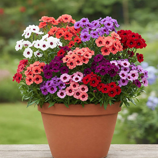 Flax mix blooming in a terracotta pot