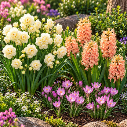 White Daffodils, Orange Hyacinth and Pink Crocus Blooming in a Garden