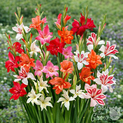 Colorful mix of hardy gladiolus blooming in garden