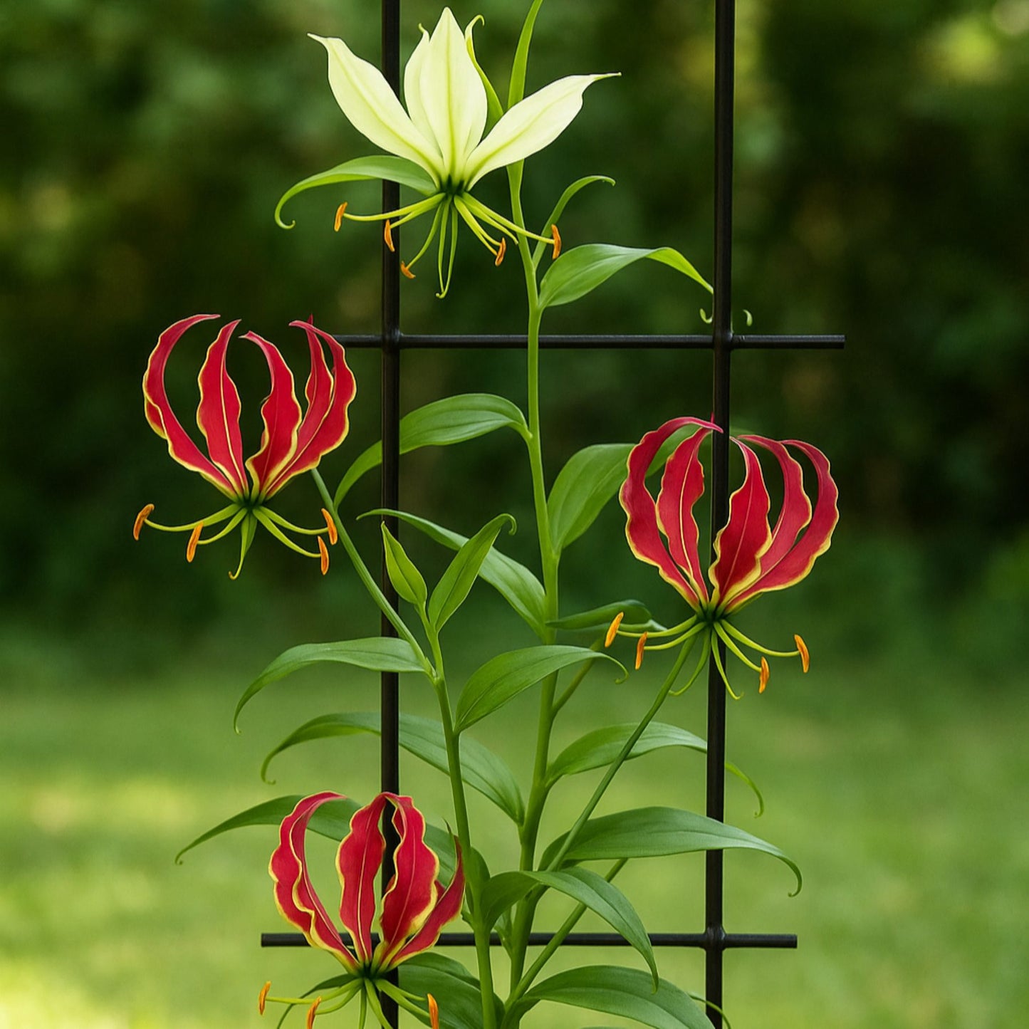 Gloriosa vine mix blooming on a trellis