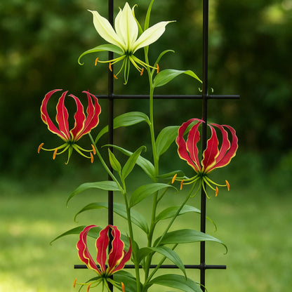 Gloriosa vine mix blooming on a trellis