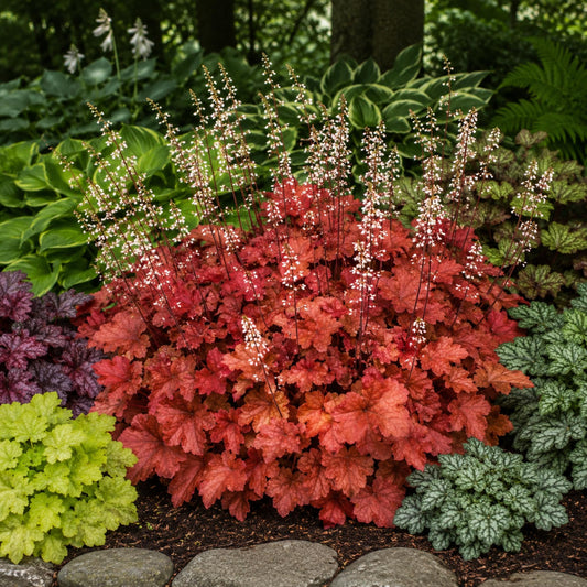 Heuchera Cinnamon Stick blooming in shade garden border