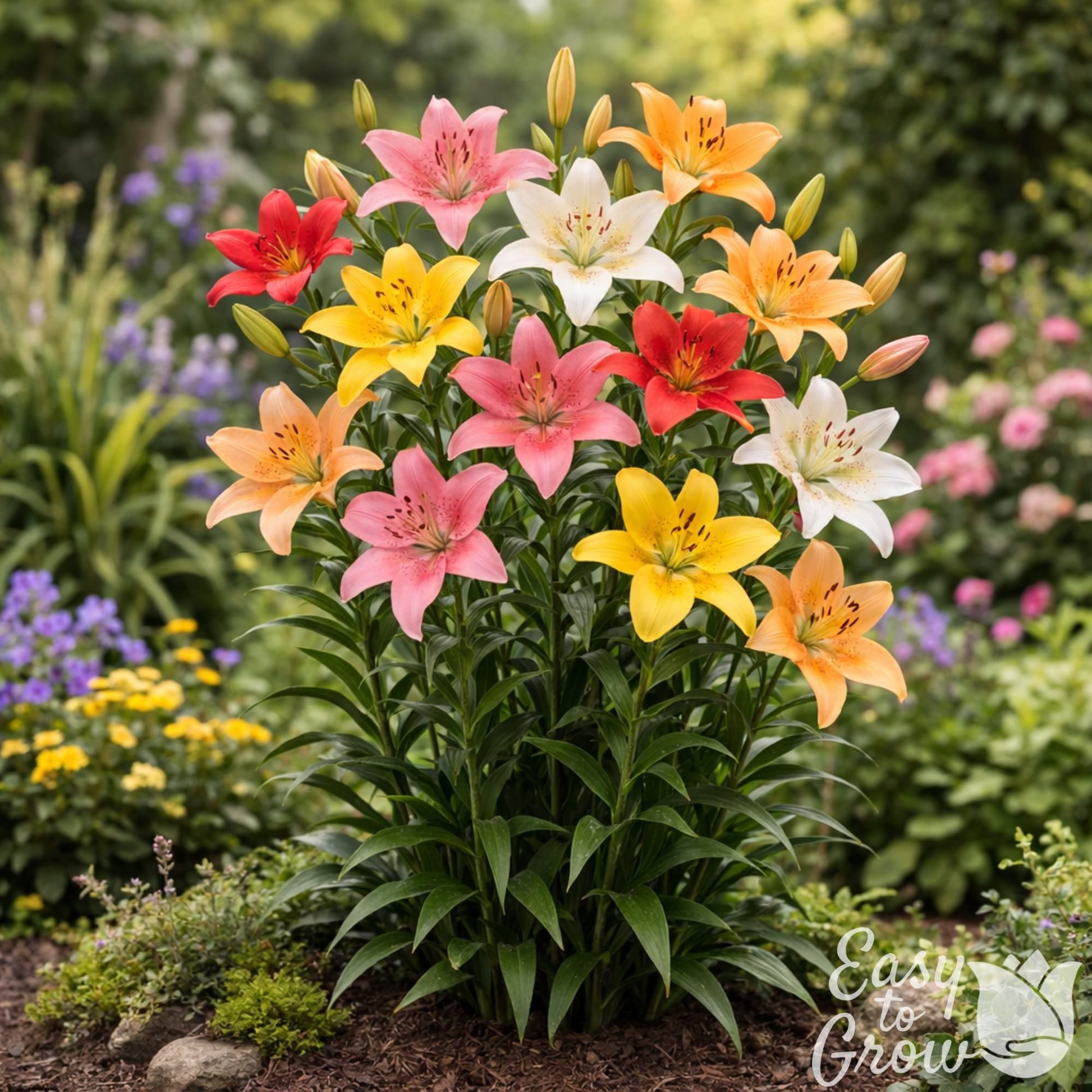 Colorful mix of Asiatic Lilies blooming in garden