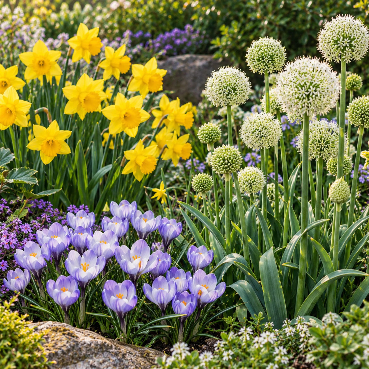 Yellow Daffodil, White Allium and Blue Crocus Blooming in a Garden