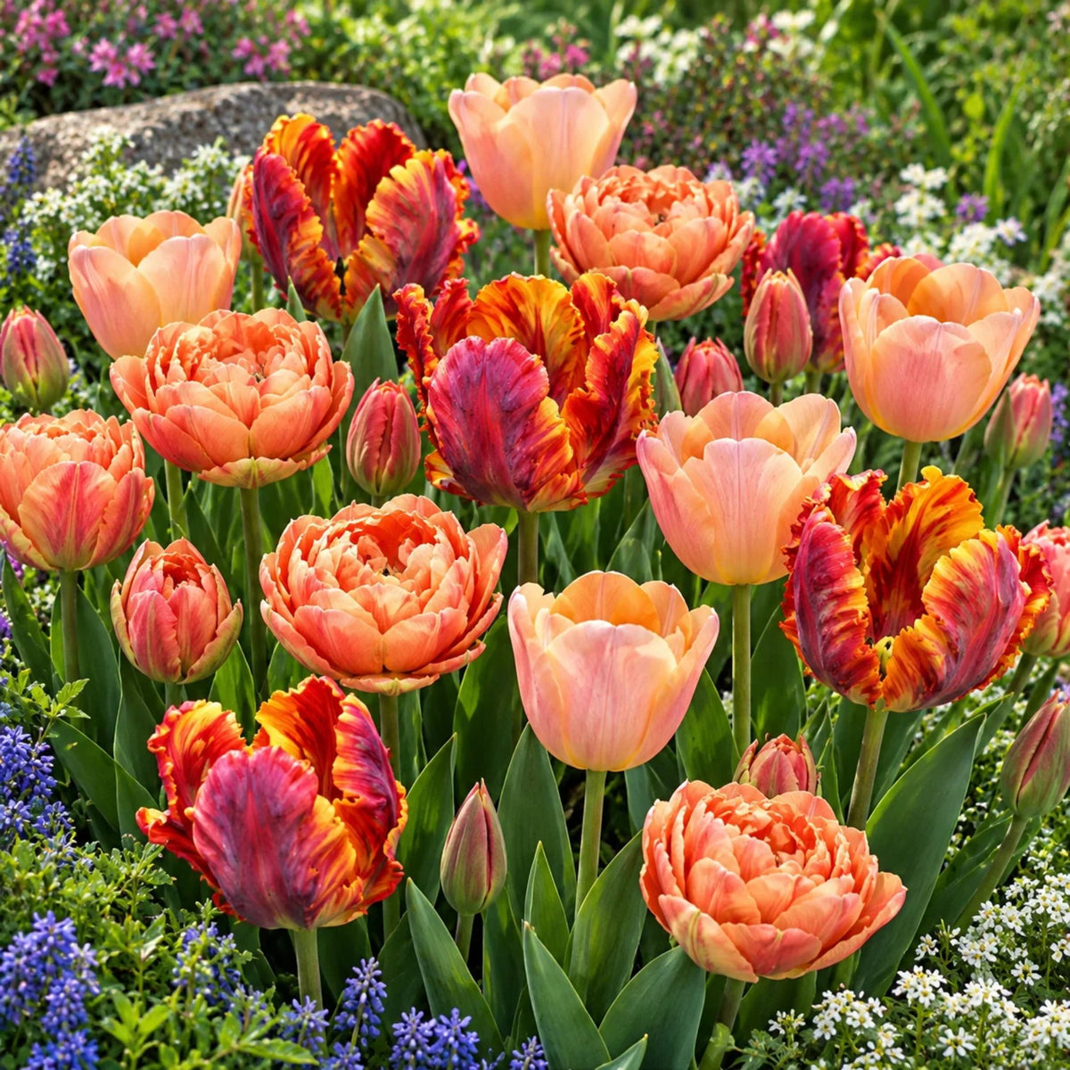 Orange and Apricot Tulips in a Garden
