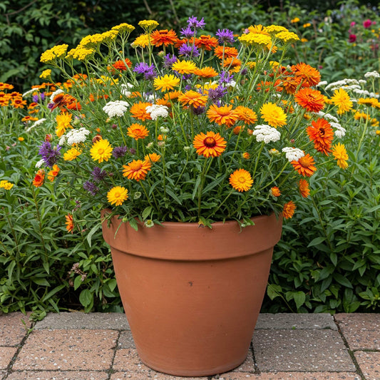 wildflower mix blooming in a terracotta pot