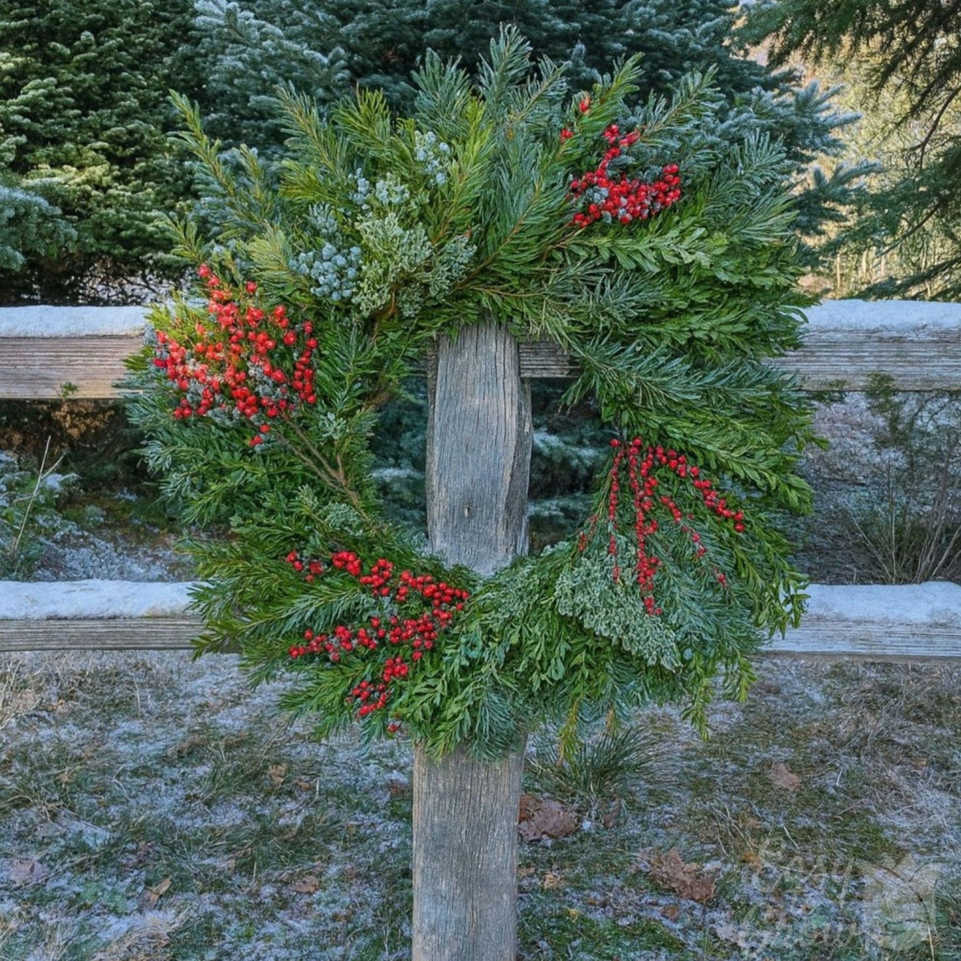 Cedar Ridge luxe Christmas wreath on fencepost
