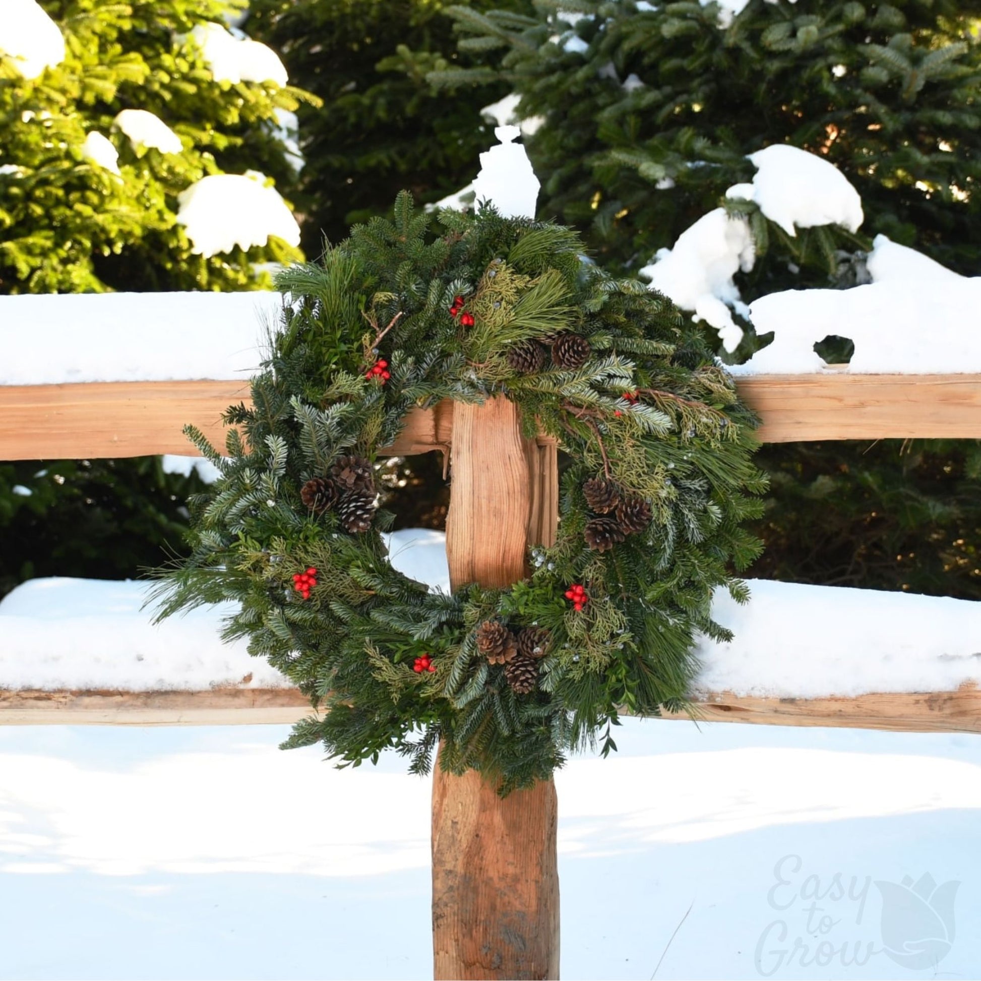 Northwood Pine luxe wreath on fencepost