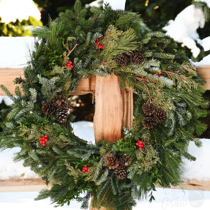 Northwood Pine luxe wreath close up on fencepost
