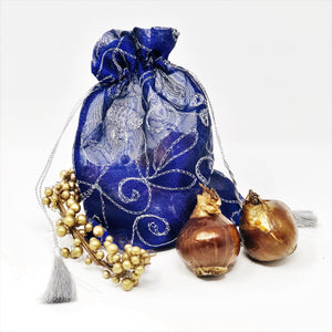 Narcissus - Paperwhite Bulbs in an Embroidered Cobalt Bag Gift